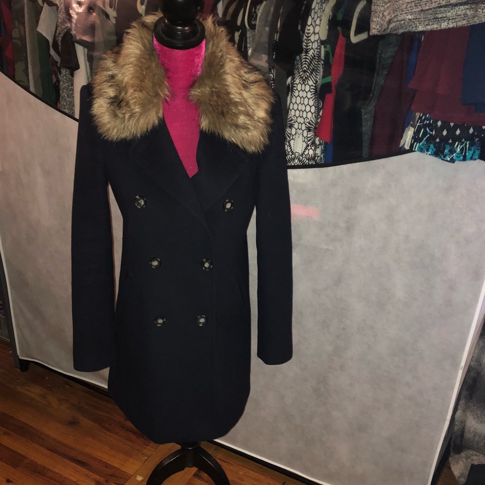 Navy Blue Peacoat with Faux Fur Collar